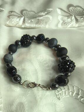 Hand Made Silver Tone Black Art Glass Beaded Bracelet